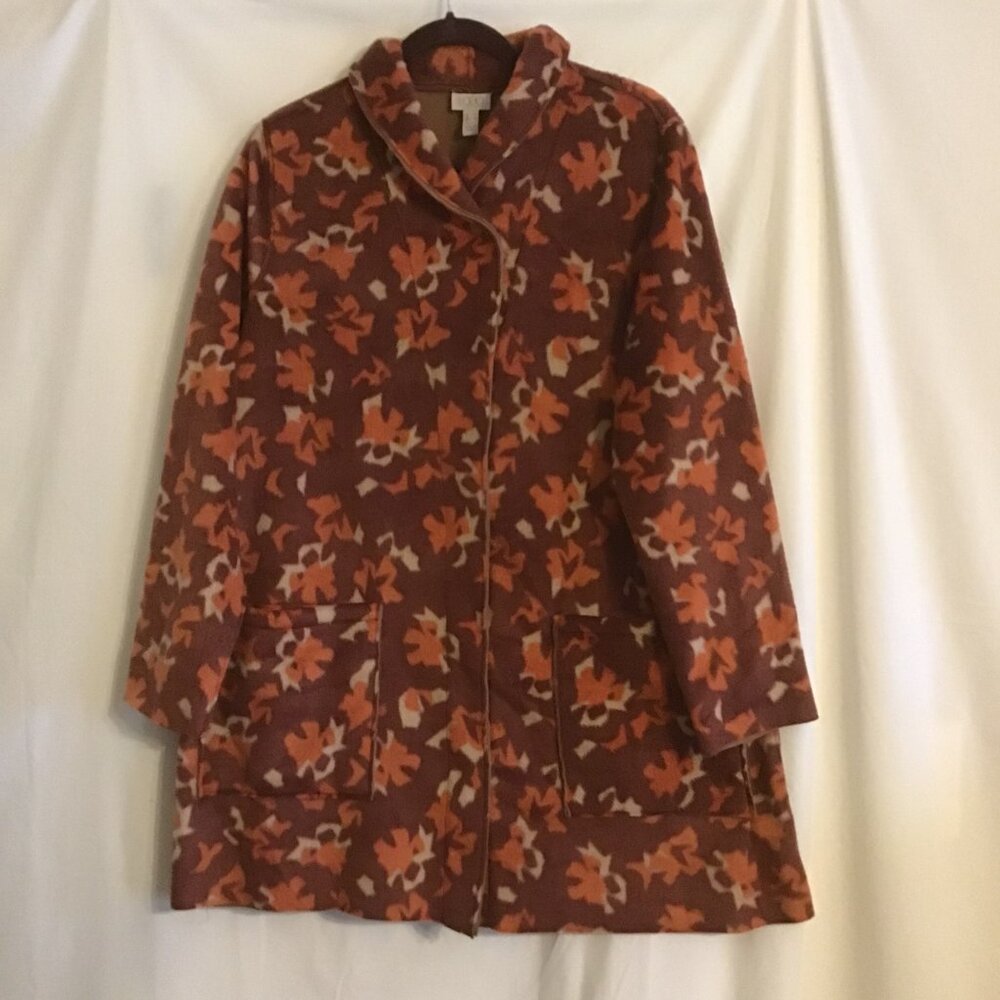 LOGO Lori Goldstein Rev 3/4 Length Tan & Rust/Print Fleece Jacket/Coat MED 10/12